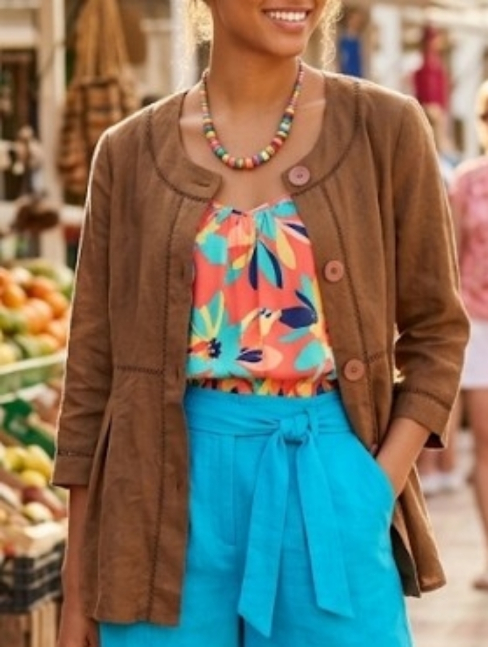 Rafaella Brown Linen Button-Front Top with Decorative Stitching Size M